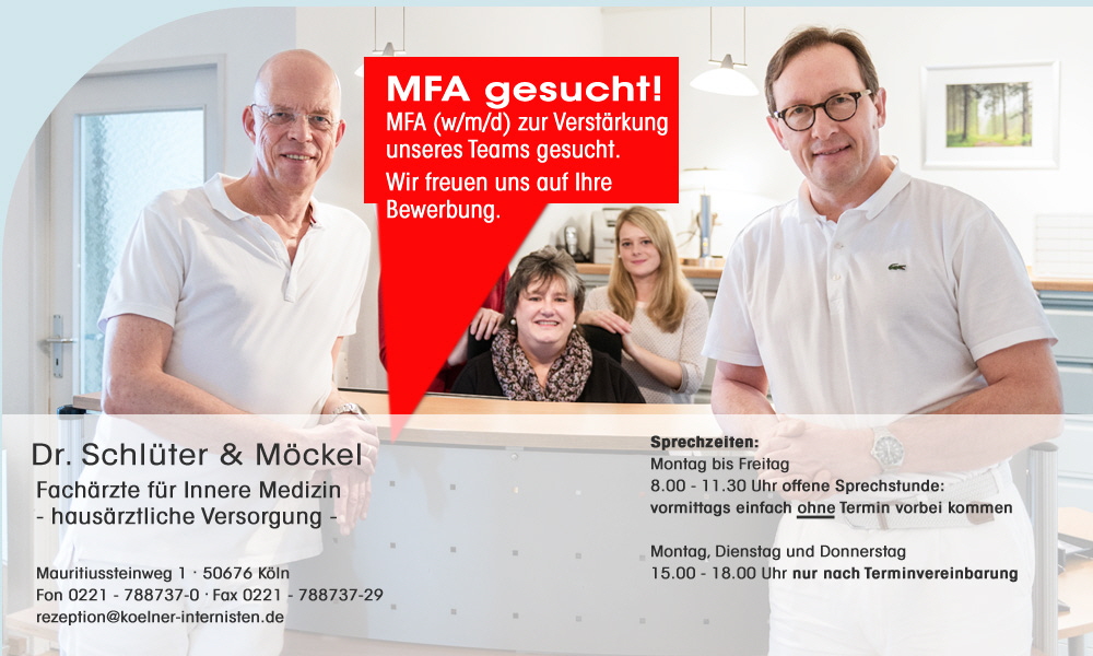 Dr. med. Frank Schlter >> Facharzt fr Innere Medizin und hausrztliche Versorgung | Wilhelm Mckel > Facharzt fr Innere Medizin |  Mauritiussteinweg 1 in 50676 Kln | Telefon 0221 788737-0, Fax 0221788737-29 |  